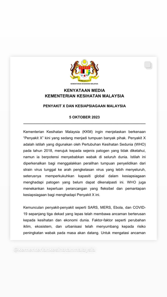 Petikan Kenyataan Kementerian Kesihatan Malaysia Berhubung Wabak X