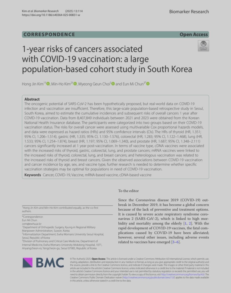 Kajian Biomarker Research 2025 dari Korea Selatan tentang peningkatan risiko kanser (tiroid, perut, payudara) dalam tempoh setahun selepas vaksinasi COVID-19. Mengaitkan risiko ini dengan keradangan berlebihan (hyperinflammation)